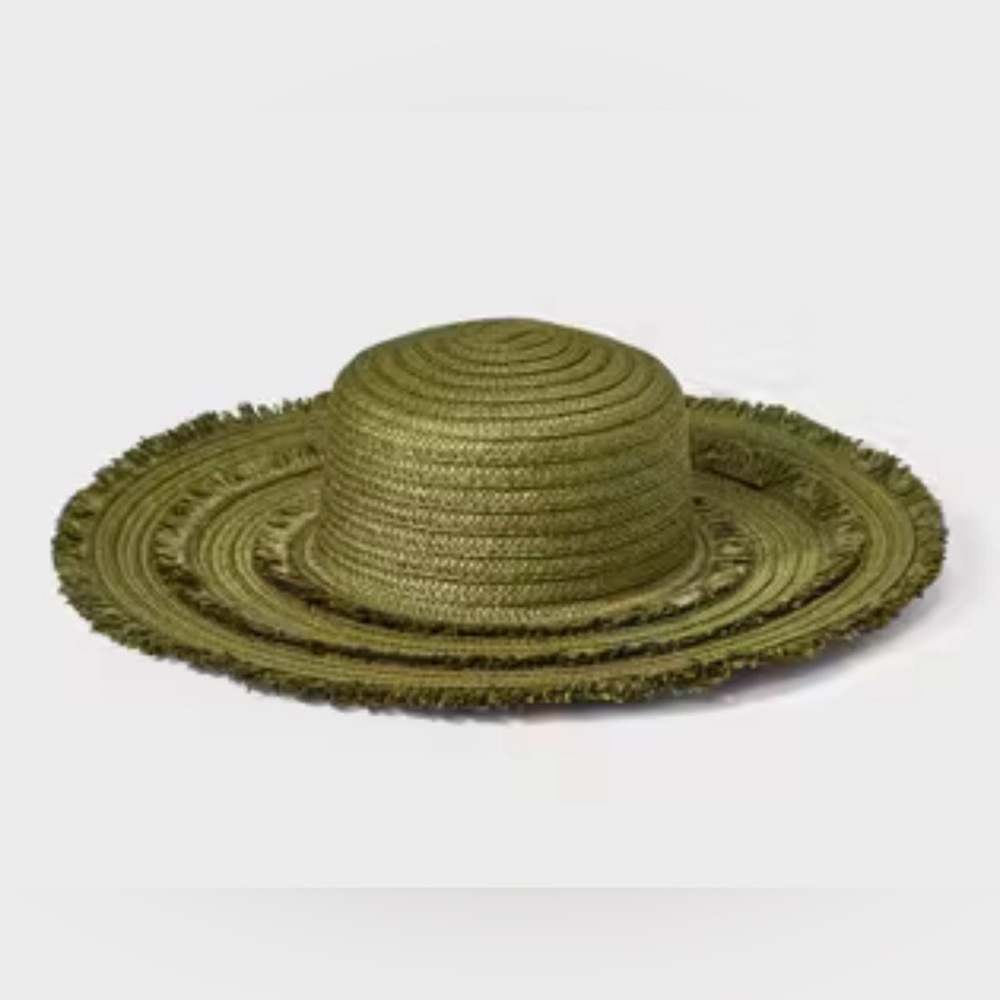 Olive Green Shade & Shore brand fringe straw sun hat.